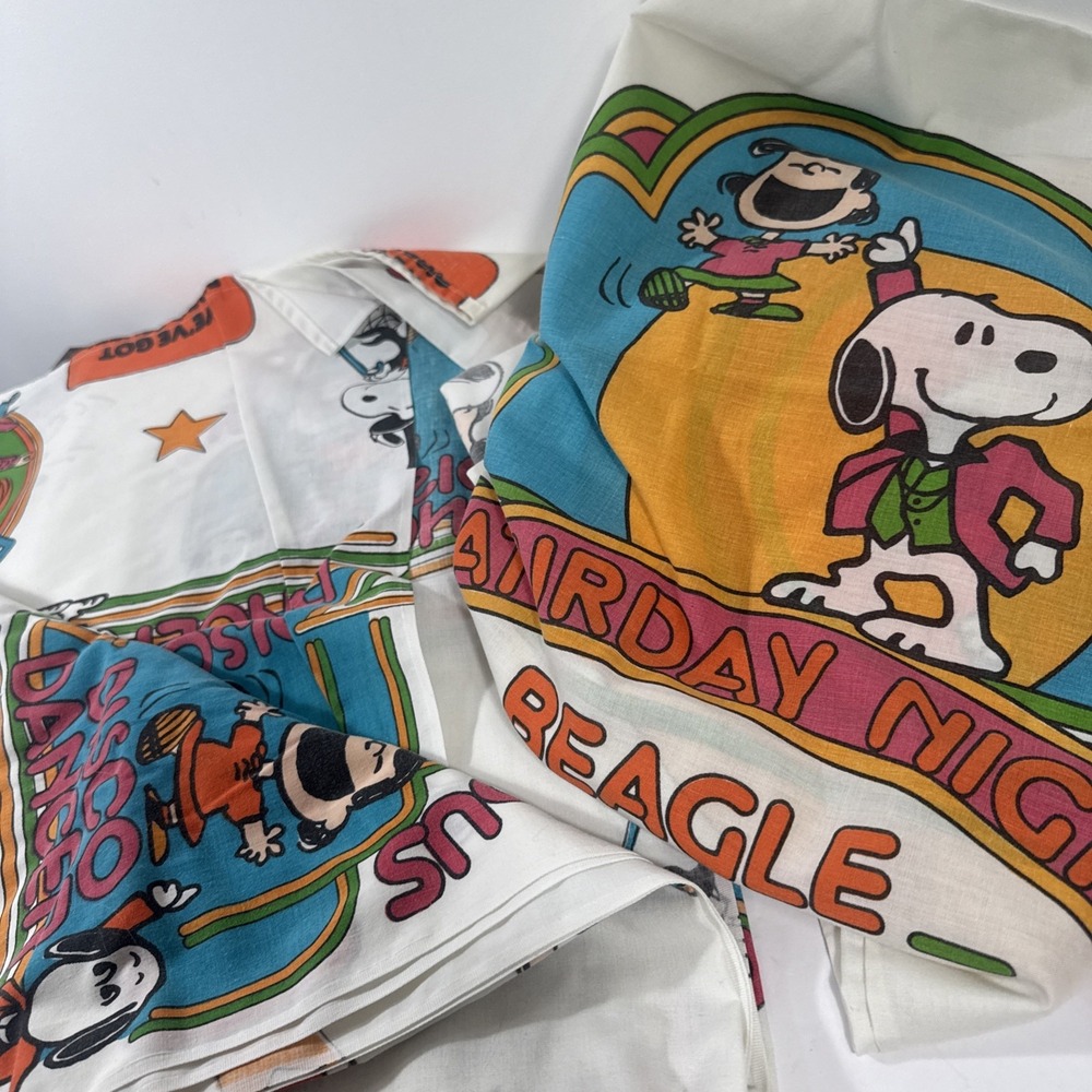 Peanuts Vintage Disco Fever 4 Piece FULL Sheet Set 1970's‎ 2 Pillow Cases